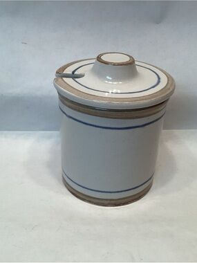 Art Pottery Studio Honey Jam Condiment Jar Stoneware Gray Blue Band Vintage